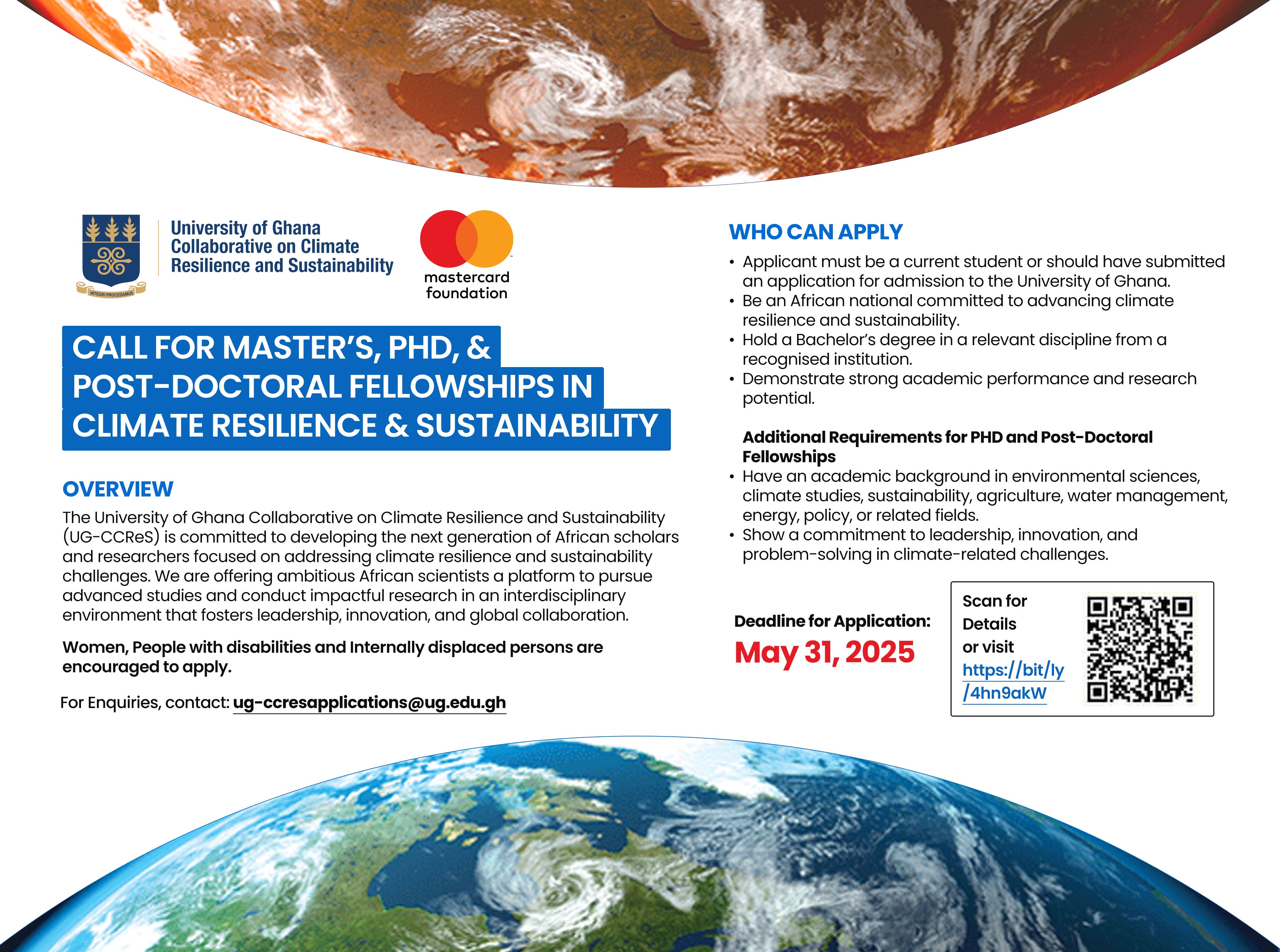 CALL FOR MASTER’S, PHD, AND POST-DOCTORAL FELLOWSHIPS IN CLIMATE  RESILIENCE AND SUSTAINABILITY