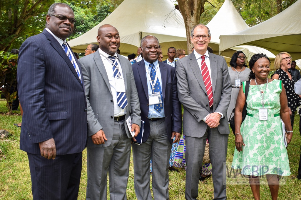 From left to right Prof. Ernest Aryeetey, Prof. Gordon Awandare, Prof. Kwadwo Ansah Koram, Prof. Keith Gull and(name of lady in green) in a pose after the first session